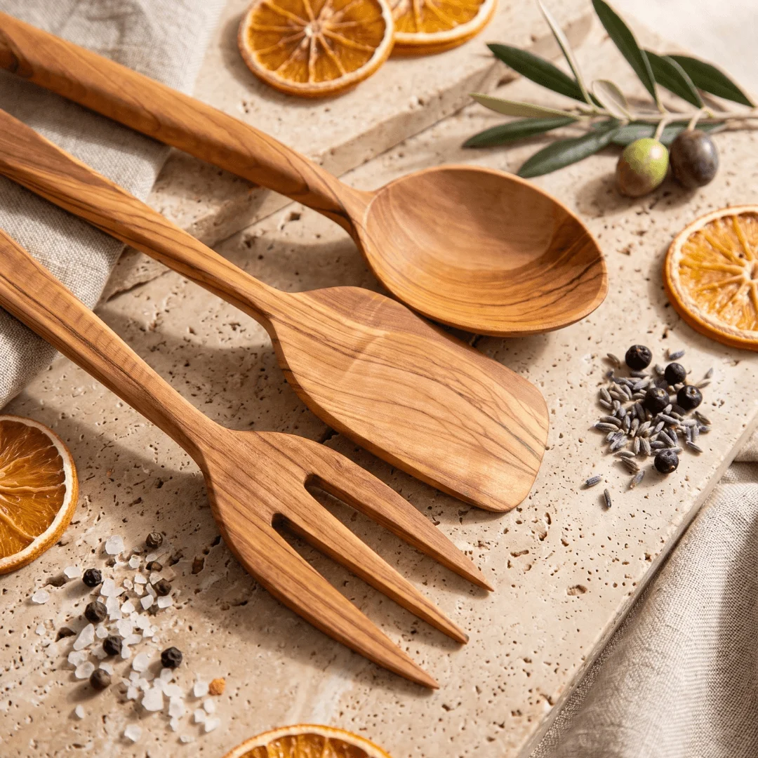 Ahşap Tahta Servis, Sunum Kaşık, Spatula, Çatal Seti