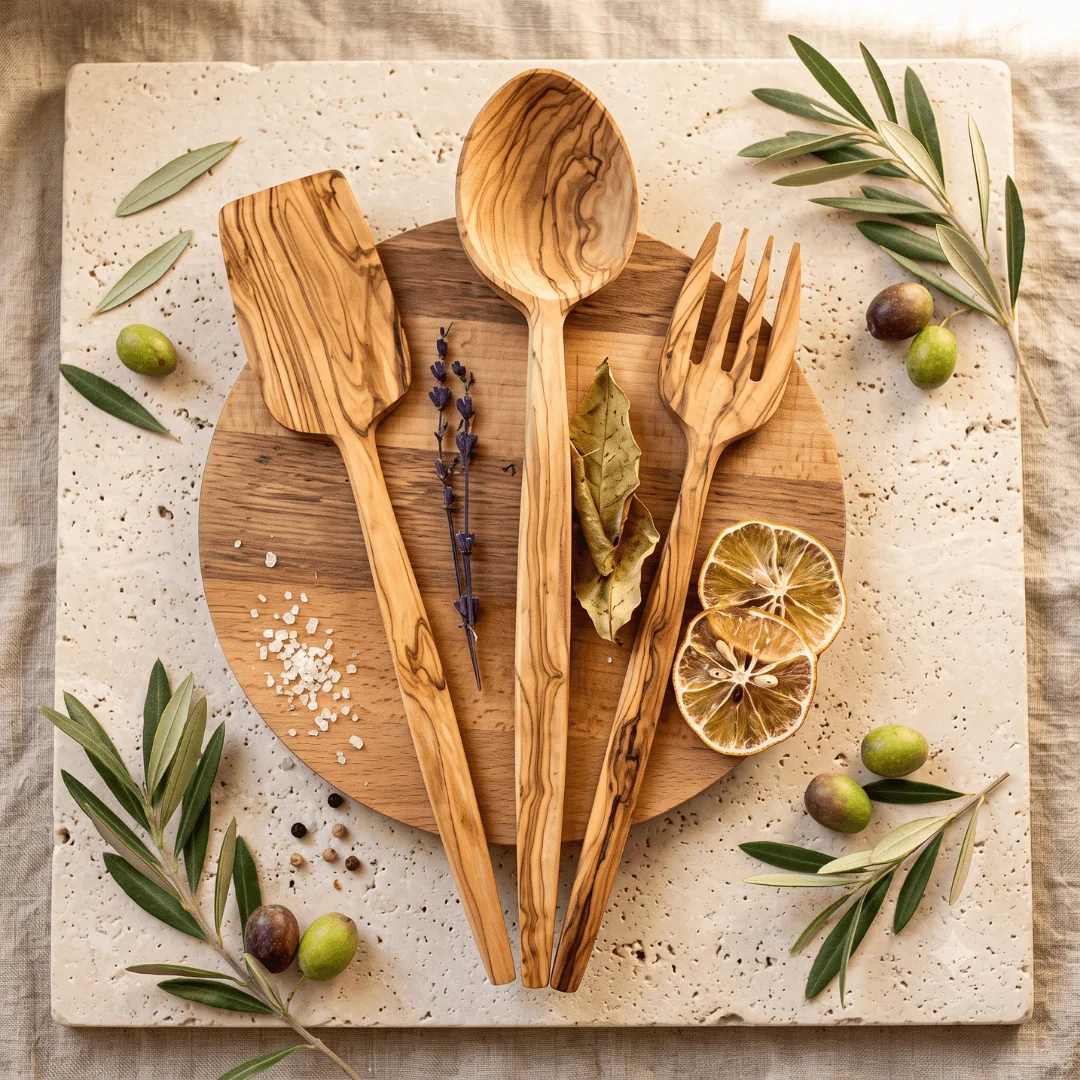 Ahşap Zeytin Ağacı 3'lü Tahta Kaşık, Çatal, Spatula